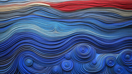Abstract art of swirling blue, grey and red lines, forming a wave pattern with a red line across the top and several circles below.