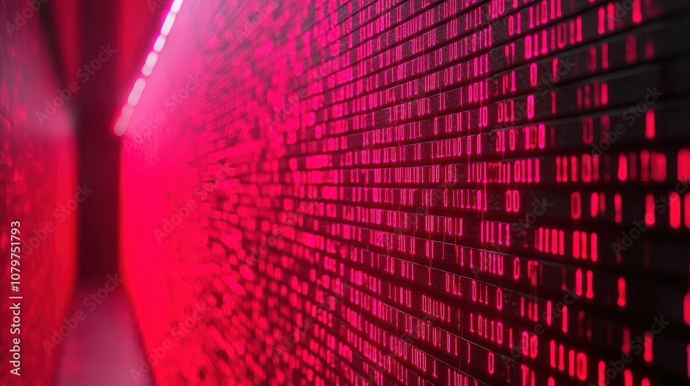 Poster a vibrant wall of binary code illuminated in red light, creating a modern, digital atmosphere that s