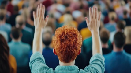 Christian congregation singing hymns during a Sunday service, with hands raised in worship   Christian worship, religious song