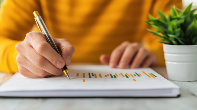 Closeup of a person in yellow shirt writing in a financial journal, tracking investment growth and future goals   investment tracking, financial growth