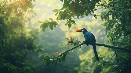 Fototapeta premium A wildlife adventure in the rainforest, spotting sloths and colorful toucans in the trees.