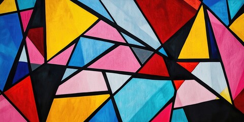 A bold geometric pattern in vibrant colors, with sharp angles and repetitive shapes, creating a modern visual effect.