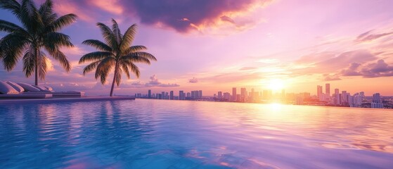 Obraz premium Stunning sunset over a tropical cityscape with palm trees and a reflection in the water