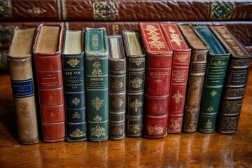 Vintage leather-bound books on a wooden shelf