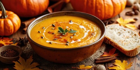 A bowl of warm pumpkin soup with bread on the side, surrounded by pumpkins, autumn leaves, and spices.
