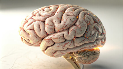 Close-up of a human brain model displaying visible signs of aging with wrinkles and texture changes, ideal for educational and medical presentations, with ample white background copy space for text