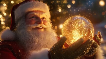 smiling santa claus holding a glowing christmas ornament