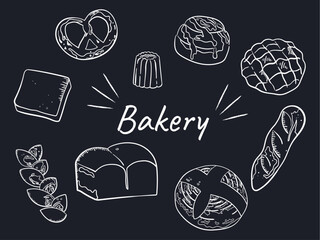 Bakeryの文字と色んなパンのお洒落な線画イラスト