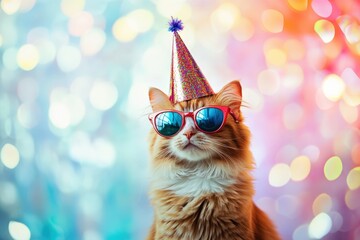 Fototapeta premium Festive feline in party hat and sunglasses