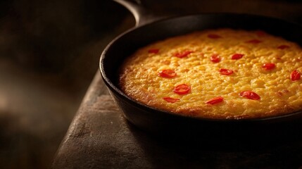 Delicious homemade cornbread with red peppers in a cast iron skillet