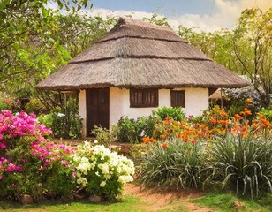 Charming Old Country Cottage Surrounded by Lush Greenery and Blooming Flowers in Spring, Captured with No People for a Vintage Holiday Vibe and Relaxing Outdoors
