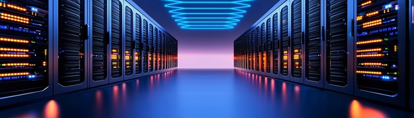 Obraz premium Digital innovation hub with radiating lights, symmetrical design and soft blue glow, minimalistic background, illustrating modern technology s expansive growth