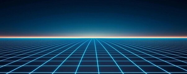 Futuristic grid landscape in neon blue tones. Ideal for backgrounds, digital art projects, or technology-themed visuals, evoking a cyberpunk aesthetic.