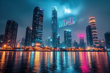 Fototapeta premium Stunning night cityscape with glowing skyscrapers and vibrant reflections in the water