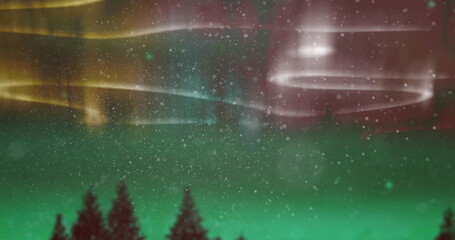 Image of landscape with northen lights in night sky