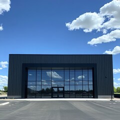 Obraz premium modern industrial building with large glass windows reflecting the sky
