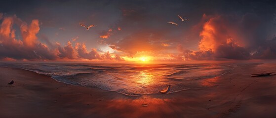 Breathtaking sunset over the ocean with birds soaring in the sky