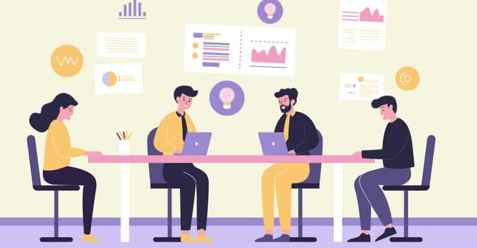 Footage of Teamwork Business Meeting at office with Infographic on Screen