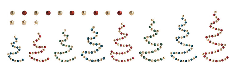 Christmas tree beads of gold, green and red glass balls. Shiny abstract fir tree ornament design. Blue metal happy new year decor. Happy noel isolated on white background. Marry light glossy sphere