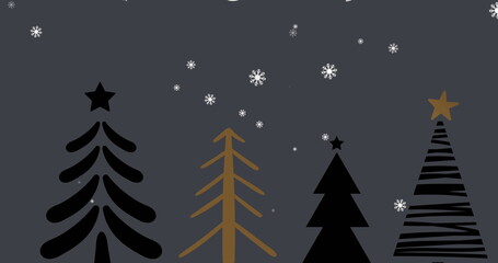 Image of snow falling and trees on black background