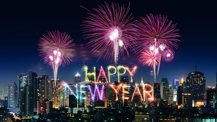 Amazing beautiful colorful fireworks display on celebration night, showing on the city night background