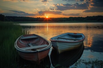 Fototapeta premium Two boats at sunset on a lake.
