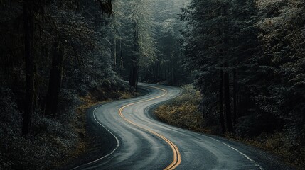 Fototapeta premium An adventure road trip through a dense forest, with trees lining the winding road ahead.