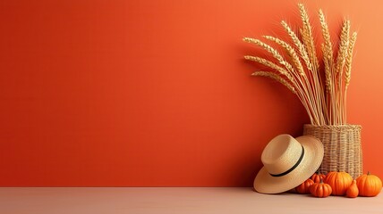 A warm autumn display featuring a straw hat, wheat, and pumpkins against a vibrant orange background.