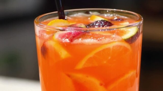 Vibrant orange tropical juice with passionfruit and fresh fruit slices for an exotic burst of flavor,Fresh tropical juice with passionfruit and vibrant fruit slices enhancing the refreshing citrus fla