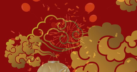 Image of chinese decorations and confetti on red background