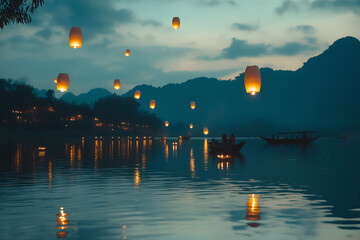 Flying traditional paper sky lantern at night, Thailand traditional festival Loy Kratong.