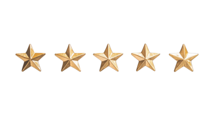Five golden stars for product ratings, transparent background, ideal for reviews