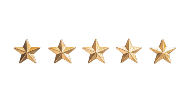 Five golden stars for product ratings, transparent background, ideal for reviews