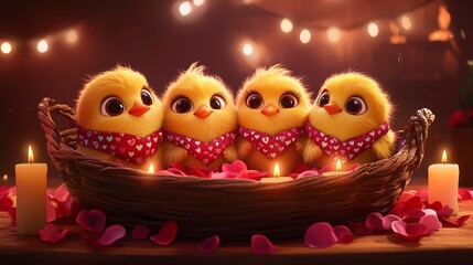 Obraz premium Four Cute Baby Chicks in a Basket with Heart-Shaped Scarves and Rose Petals