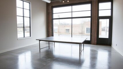 Meeting room with a long metal table, concrete floors, and large windows letting in natural light, creating an industrial atmosphere   meeting room, industrial elegance