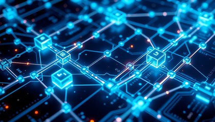 Obraz premium Close-up of digital blockchain networks with blocks, chains, and decentralized elements.