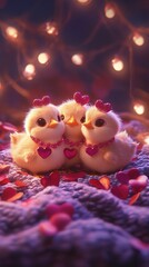 Fototapeta premium Three Cute Baby Chicks with Hearts and String Lights