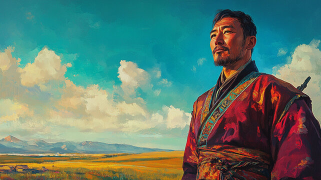 Mongolian man in traditional deel stands proudly against vibrant landscape, showcasing cultural heritage and connection to nature