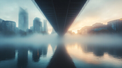 serene bridge spans misty river, reflecting soft glow of sunrise. surrounding cityscape emerges through fog, creating tranquil atmosphere