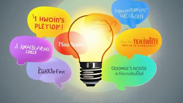Bright Idea: Glowing lightbulb surrounded by colorful speech bubbles with foreign language text, symbolizing innovative thinking and global communication.   