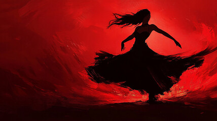 silhouette of flamenco dancer in dramatic pose, swirling in vibrant red background, evokes passion and energy