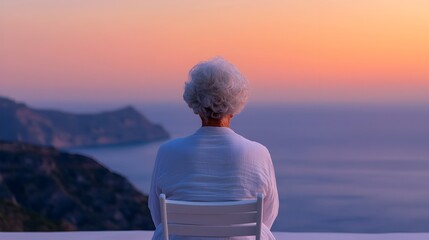 Elderly Woman Practicing Yoga on Peaceful Ocean Cliff at Serene Sunset