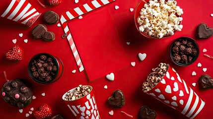 Romantic date on Valentine's Day February 14. Love movie marathon, date at cinema theater. Clapperboard, popcorn buckets, heart decor and chocolates on red backgroundwith generative ai