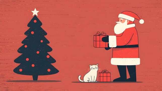 Cozy Christmas scene with Santa Claus placing gifts under a decorated tree while a curious cat watches