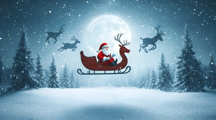 Santa s Sleigh Soaring Through Moonlit Snowy Forest in Festive Wonder