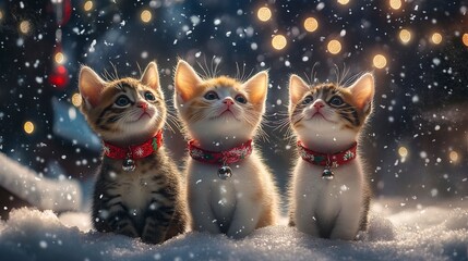 Three Kittens Looking Up at the Snow Falling During the Christmas Season