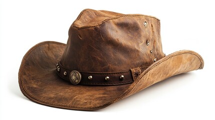 Rugged leather cowboy hat with metal studs and emblem
