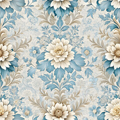 Romantic 19th-Century French Floral Seamless Design in Soft Blues and Beige. Perfect for: French-themed weddings, vintage fashion shows, romantic events