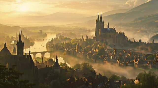A sprawling medieval city nestled in a valley, with towering castle spires visible through a light morning mist