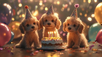 Three adorable dogs celebrating a birthday with a cake and candles
